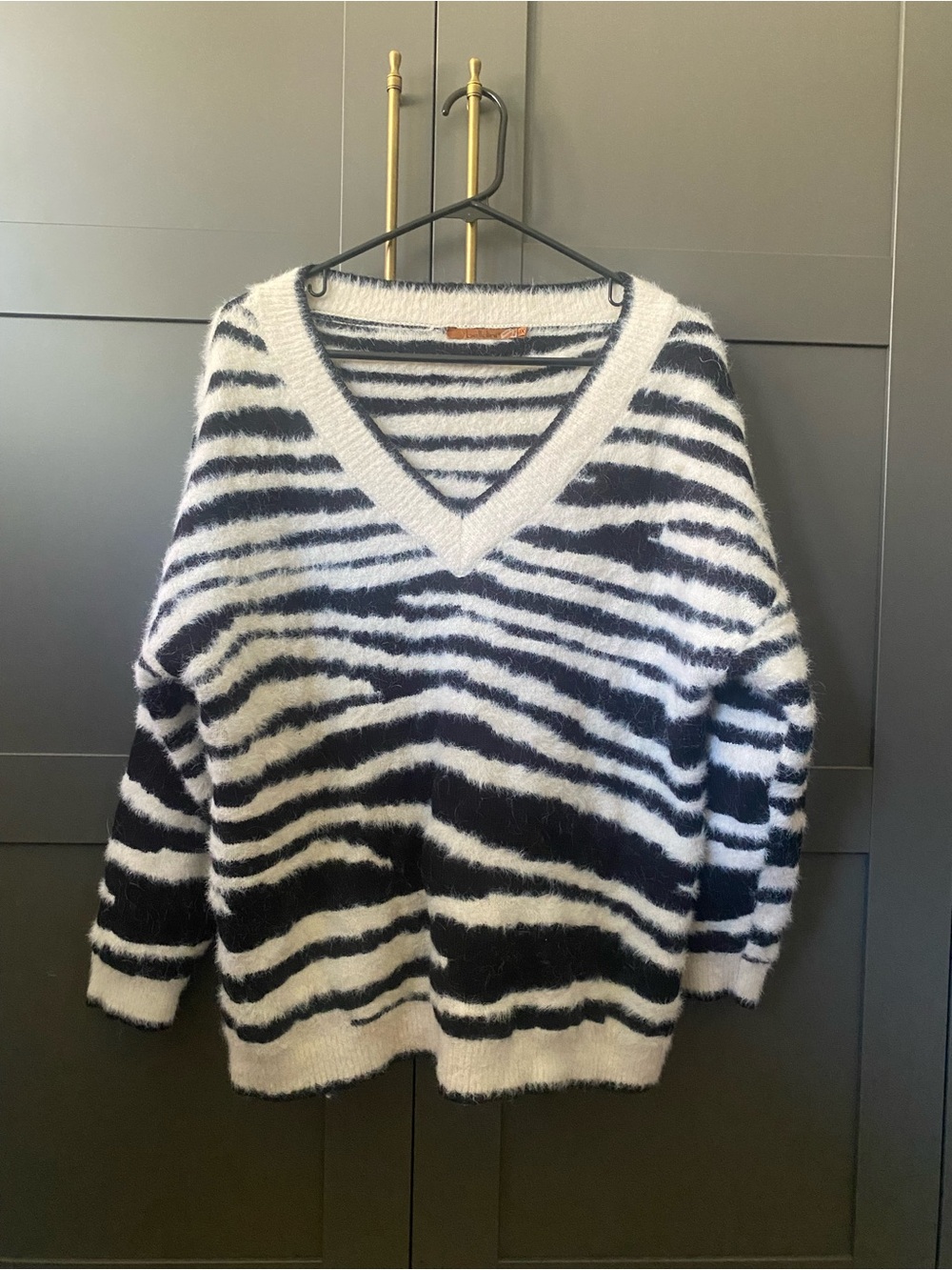 Belldini Black & White Zebra-Stripe V-Neck Sweater
